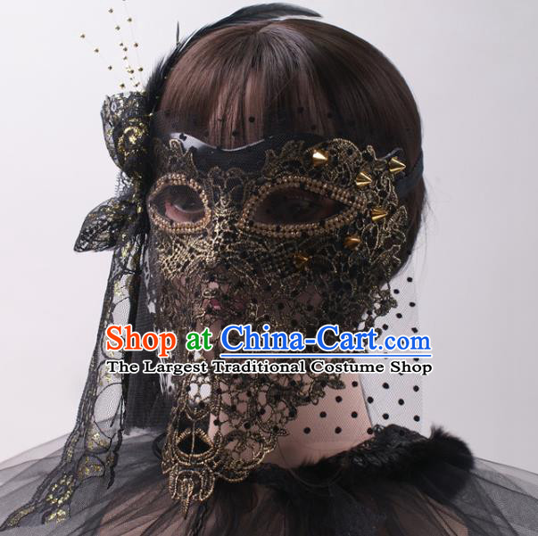 Cosplay Party Black Veil Mask Handmade Deluxe Lace Face Mask Halloween Stage Performance Blinder Headpiece