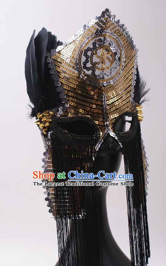 Cosplay Party Gold Sequins Mask Handmade Deluxe Tassel Face Mask Halloween Stage Performance Feather Headpiece