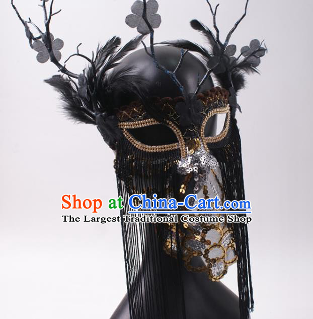 Halloween Stage Performance Feather Headpiece Cosplay Party Sequins Mask Handmade Deluxe Black Tassel Face Mask