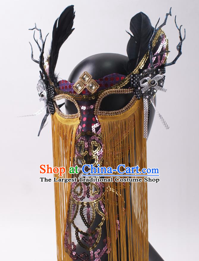 Halloween Handmade Yellow Tassel Face Mask Stage Performance Headpiece Cosplay Party Black Feather Mask