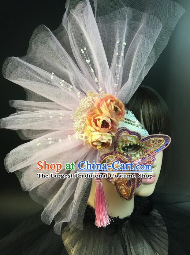 Halloween Handmade Half Face Mask Stage Performance Blinder Headpiece Cosplay Party Purple Sequins Butterfly Mask