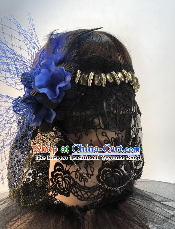 Stage Performance Headpiece Cosplay Party Veil Mask Halloween Handmade Blue Flower Face Mask