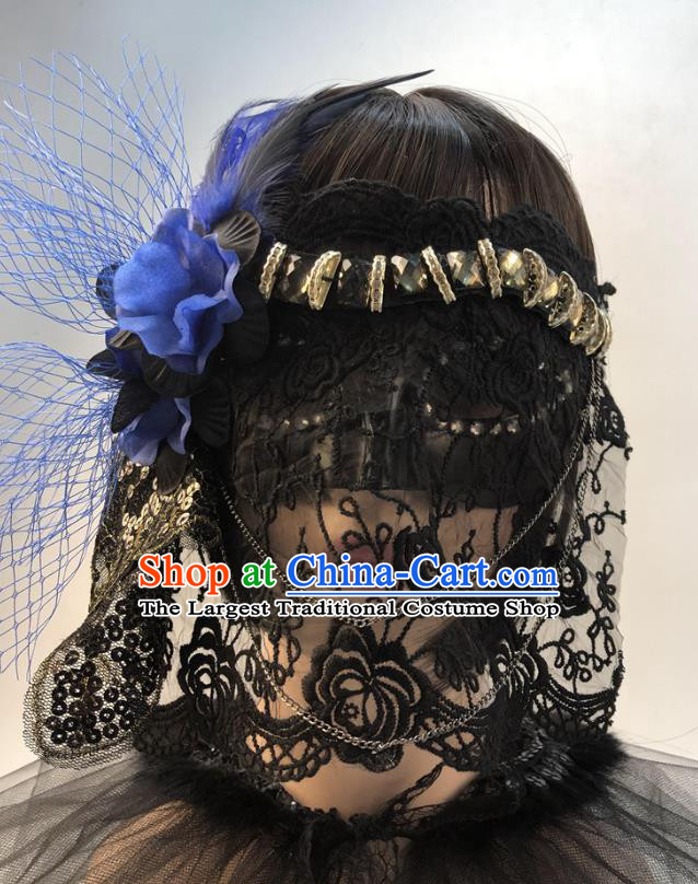 Stage Performance Headpiece Cosplay Party Veil Mask Halloween Handmade Blue Flower Face Mask
