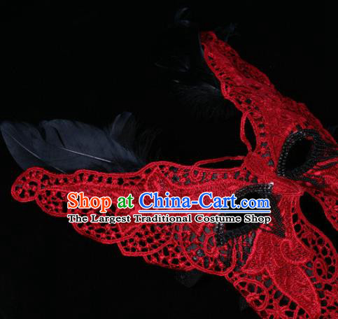 Handmade Carnival Red Lace Butterfly Face Mask Stage Performance Headpiece Halloween Cosplay Party Full Mask