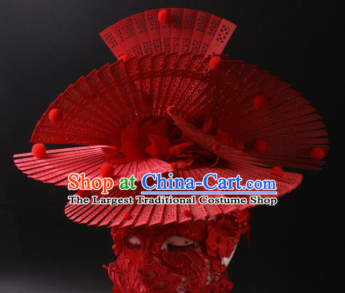 China Stage Show Headdress Catwalks Red Fans Hair Crown Giant Hair Accessories