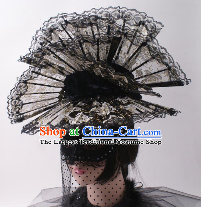 China Giant Hair Accessories Stage Show Headdress Catwalks Black Lace Fans Hair Crown