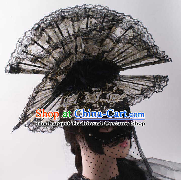 China Giant Hair Accessories Stage Show Headdress Catwalks Black Lace Fans Hair Crown
