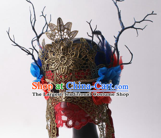 Handmade Stage Performance Blinder Headpiece Halloween Cosplay Party Red Lace Mask Carnival Flower Branch Full Face Mask