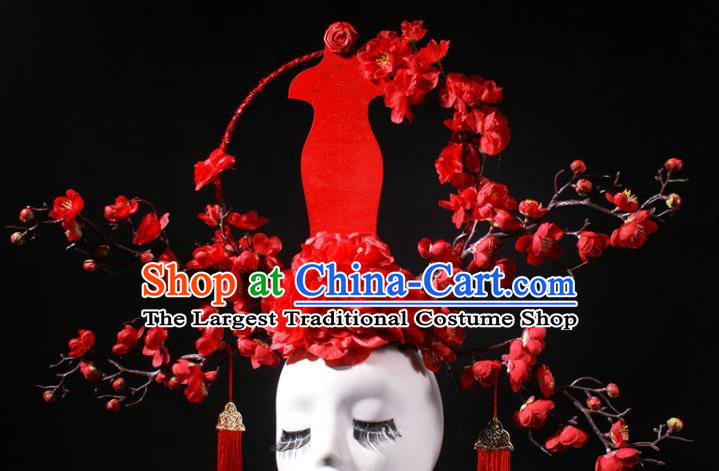 China Catwalks Red Qipao Dress Hair Crown Giant Hair Accessories Stage Show Headdress
