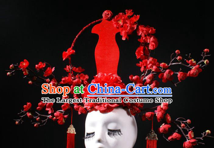 China Catwalks Red Qipao Dress Hair Crown Giant Hair Accessories Stage Show Headdress