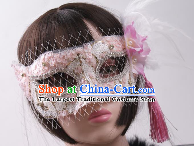 Handmade Deluxe White Feather Face Mask Halloween Stage Performance Blinder Headpiece Cosplay Party Pink Mask