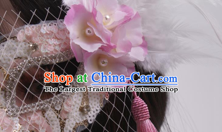 Handmade Deluxe White Feather Face Mask Halloween Stage Performance Blinder Headpiece Cosplay Party Pink Mask