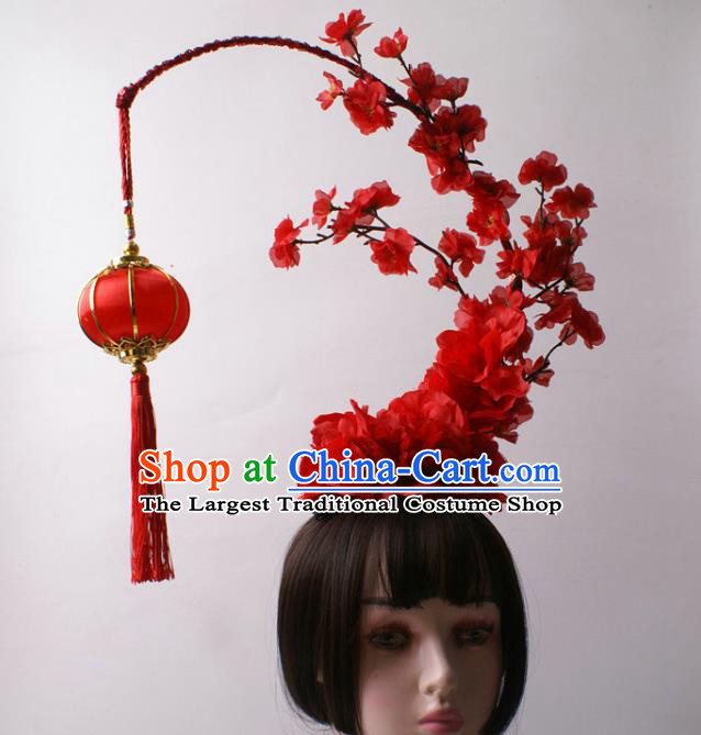 China Giant Hair Accessories Stage Show Headdress Catwalks Red Lantern Tassel Hair Crown