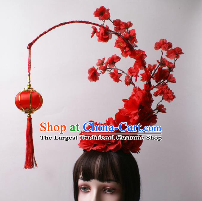 China Giant Hair Accessories Stage Show Headdress Catwalks Red Lantern Tassel Hair Crown