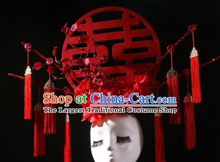 China Catwalks Red Tassel Hair Crown Traditional Wedding Giant Hair Accessories Stage Show Headdress