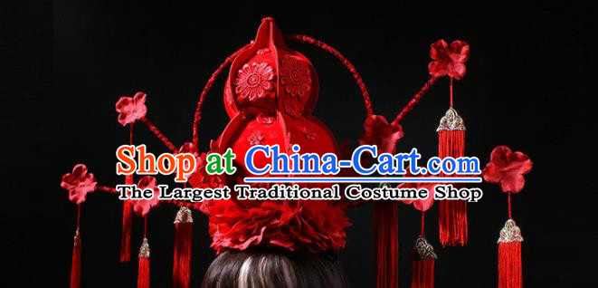 China Stage Show Headdress Catwalks Red Gourd Tassel Hair Crown Traditional Wedding Giant Hair Accessories
