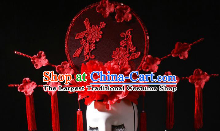 China Stage Show Moon Headdress Catwalks Red Peony Tassel Hair Crown Traditional Wedding Giant Hair Accessories