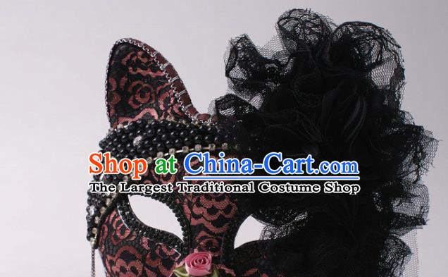 Handmade Carnival Black Lace Flowers Face Mask Stage Performance Headpiece Halloween Cosplay Party Leopard Cat Mask