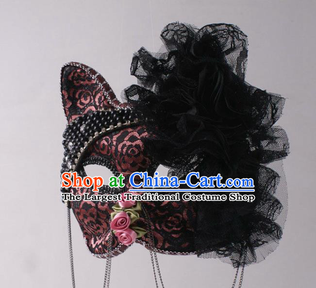 Handmade Carnival Black Lace Flowers Face Mask Stage Performance Headpiece Halloween Cosplay Party Leopard Cat Mask