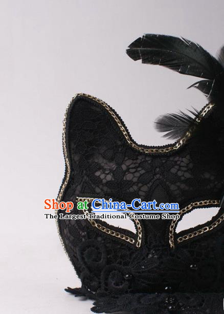 Handmade Halloween Cosplay Party Black Lace Cat Mask Carnival Feather Face Mask Stage Performance Headpiece