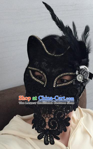 Handmade Halloween Cosplay Party Black Lace Cat Mask Carnival Feather Face Mask Stage Performance Headpiece