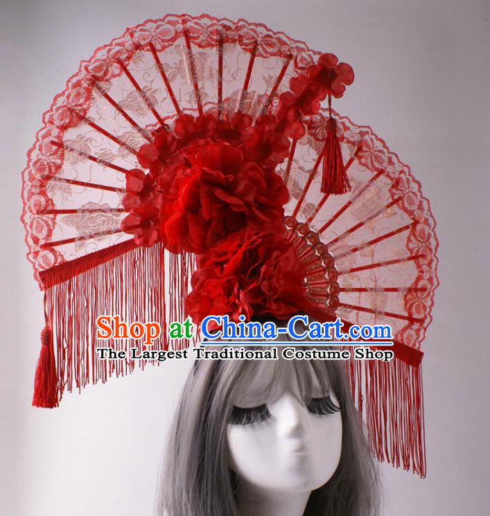 China Stage Show Red Lace Fan Headdress Catwalks Peony Tassel Hair Crown Traditional Wedding Giant Hair Accessories