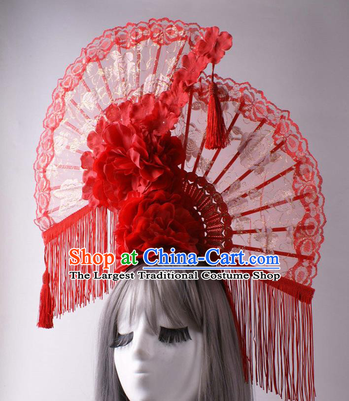 China Stage Show Red Lace Fan Headdress Catwalks Peony Tassel Hair Crown Traditional Wedding Giant Hair Accessories