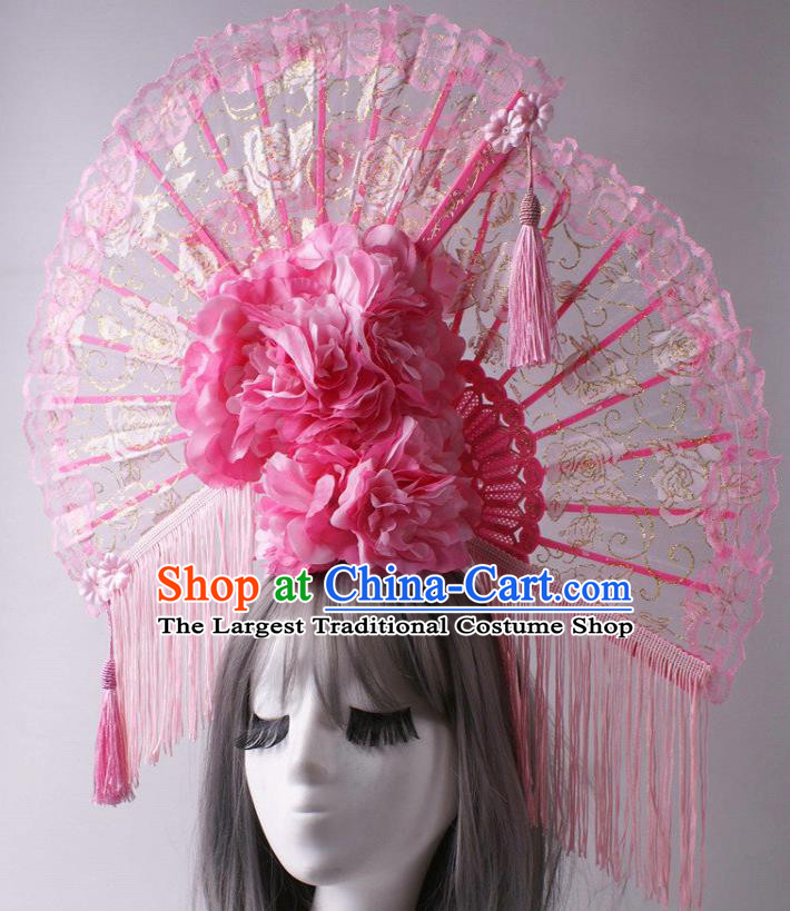 China Traditional Wedding Giant Hair Accessories Stage Show Lace Fan Headdress Catwalks Pink Peony Tassel Hair Crown
