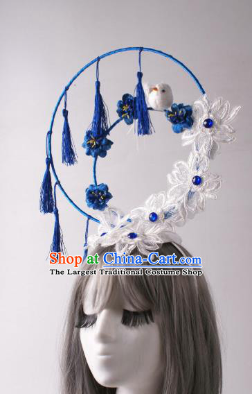 China Catwalks Blue Tassel Hair Crown Traditional Giant Hair Accessories Stage Show Lace Flowers Headdress