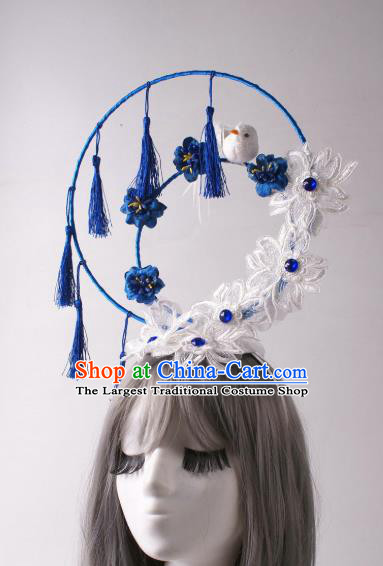 China Catwalks Blue Tassel Hair Crown Traditional Giant Hair Accessories Stage Show Lace Flowers Headdress