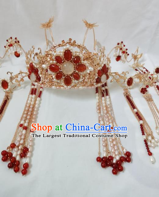 China Ancient Bride Phoenix Coronet Ming Dynasty Princess Golden Hair Crown Traditional Wedding Hanfu Hair Accessories