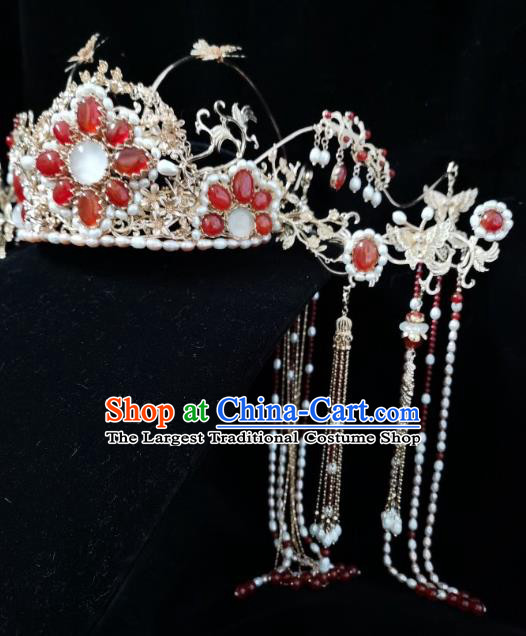 China Ancient Bride Phoenix Coronet Ming Dynasty Princess Golden Hair Crown Traditional Wedding Hanfu Hair Accessories