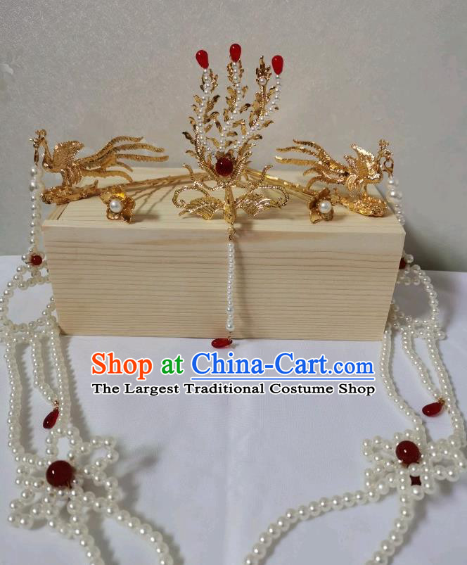 China Ancient Queen Golden Phoenix Hair Crown Ming Dynasty Empress Tassel Hairpin Traditional Hanfu Hair Accessories Full Set