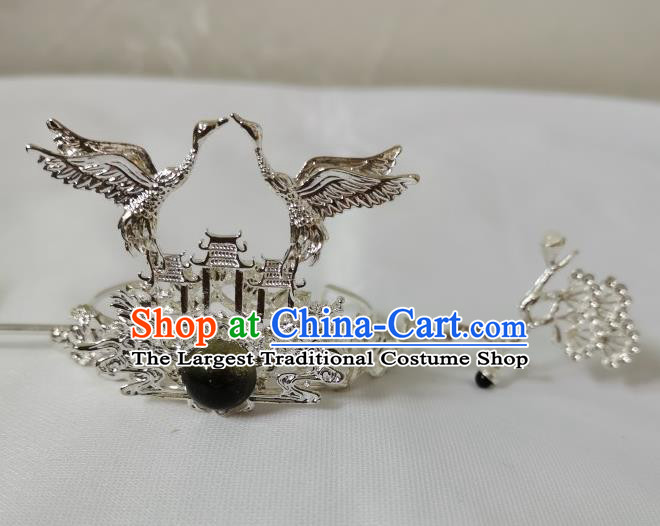 Chinese Traditional Tang Dynasty Scholar Argent Crane Hair Crown and Hairpin Ancient Prince Headwear