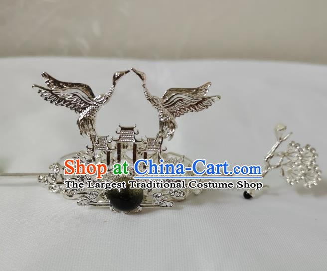 Chinese Traditional Tang Dynasty Scholar Argent Crane Hair Crown and Hairpin Ancient Prince Headwear