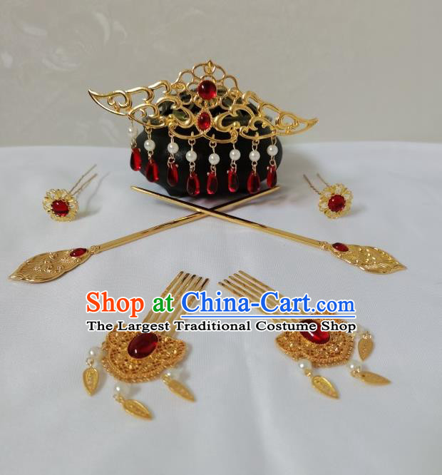 China Traditional Hanfu Hair Accessories Ancient Princess Golden Hair Combs Tang Dynasty Palace Lady Hairpins Full Set