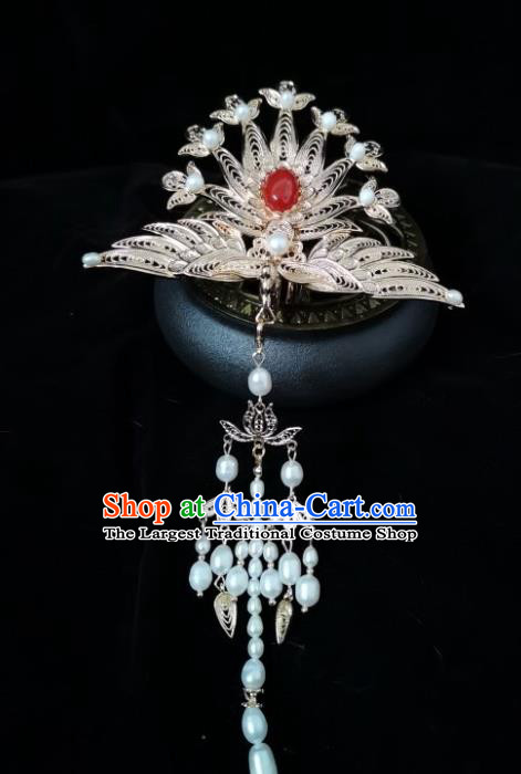 China Traditional Hanfu Tassel Hairpin Ancient Court Woman Hair Accessories Ming Dynasty Empress Golden Phoenix Hair Crown