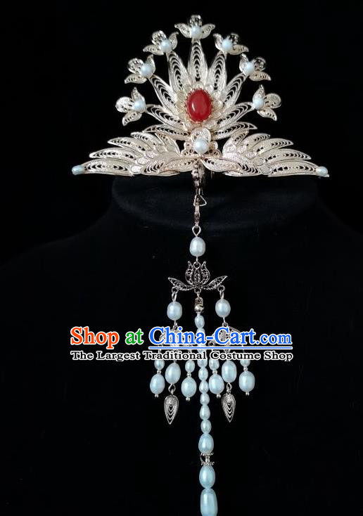 China Traditional Hanfu Tassel Hairpin Ancient Court Woman Hair Accessories Ming Dynasty Empress Golden Phoenix Hair Crown