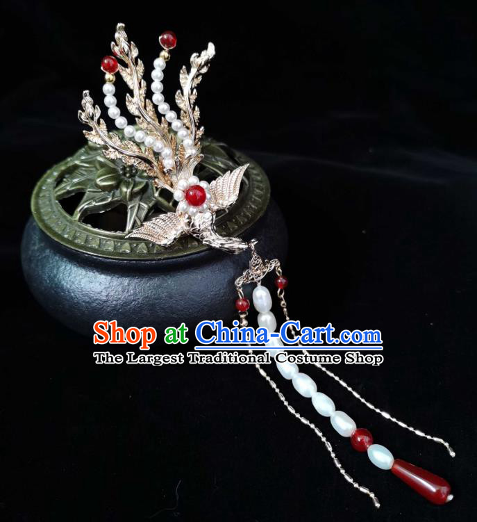 China Tang Dynasty Princess Golden Phoenix Tassel Hair Stick Traditional Hanfu Hair Accessories Ancient Palace Lady Hairpin