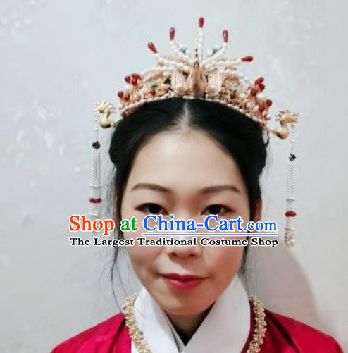 China Traditional Hanfu Phoenix Coronet Ancient Court Woman Hair Accessories Ming Dynasty Empress Pearls Hair Crown