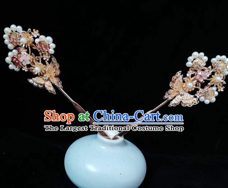 China Ancient Palace Lady Pearls Hairpin Ming Dynasty Princess Golden Butterfly Hair Stick Traditional Hanfu Headwear