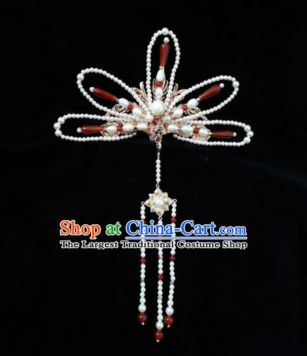 China Traditional Hanfu Headwear Ancient Queen Tassel Hairpin Ming Dynasty Empress Pearls Phoenix Hair Crown