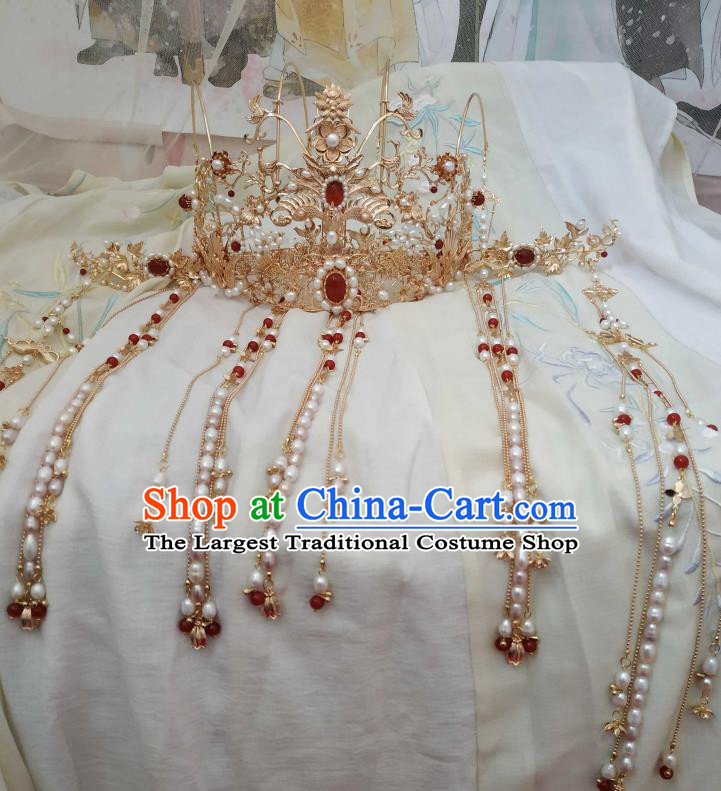 China Traditional Wedding Hair Accessories Ancient Queen Hanfu Hairpin Ming Dynasty Golden Tassel Hair Crown