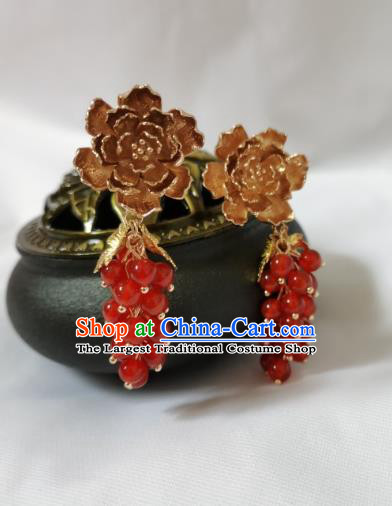 Handmade Chinese Traditional Tang Dynasty Princess Ear Accessories Ancient Palace Lady Golden Peony Earrings