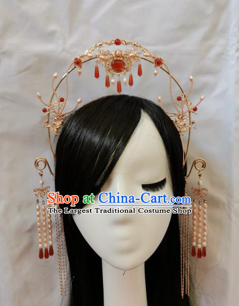 China Tang Dynasty Princess Golden Hair Crown Traditional Hanfu Hair Accessories Ancient Court Woman Tassel Hair Clasp