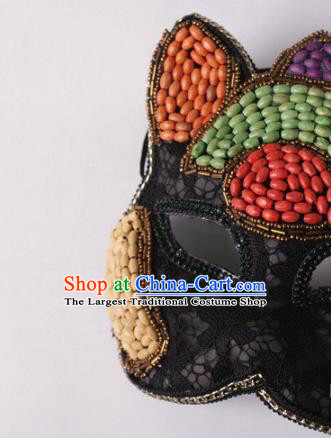 Handmade Carnival Colorful Beads Full Face Mask Stage Show Headpiece Halloween Cosplay Party Woman Black Lace Cat Mask