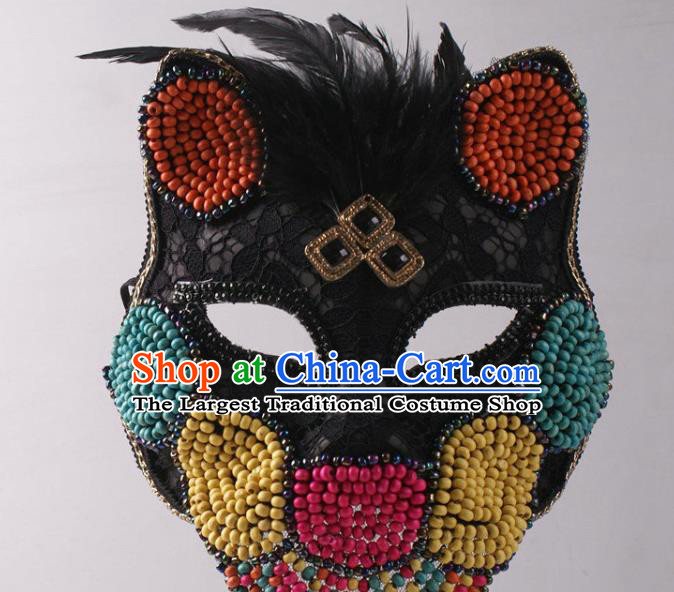 Halloween Party Male Cosplay Feather Mask Professional Stage Performance Black Lace Cat Face Mask Rio Carnival Headwear