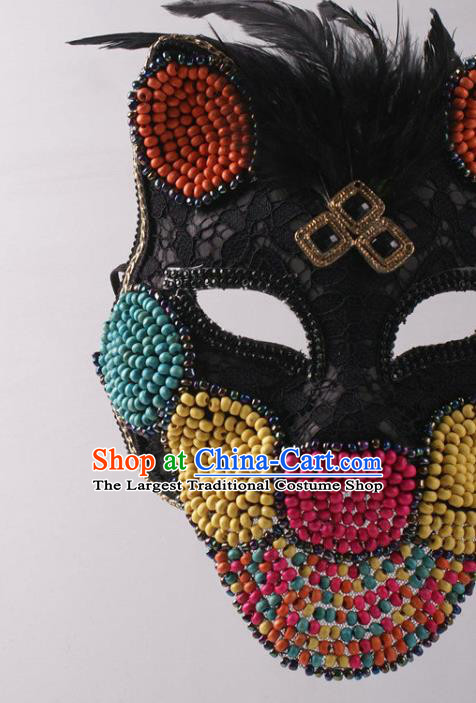 Halloween Party Male Cosplay Feather Mask Professional Stage Performance Black Lace Cat Face Mask Rio Carnival Headwear