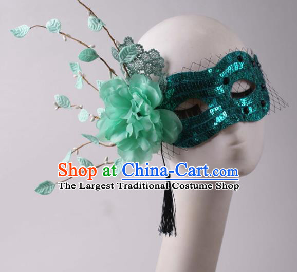 Handmade Stage Show Blinder Headpiece Halloween Cosplay Party Woman Silk Peony Mask Carnival Green Sequins Face Mask