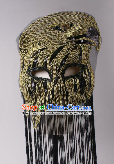 Halloween Party Male Cosplay Eagle Mask Professional Stage Performance Black Tassel Face Mask Rio Carnival Headwear